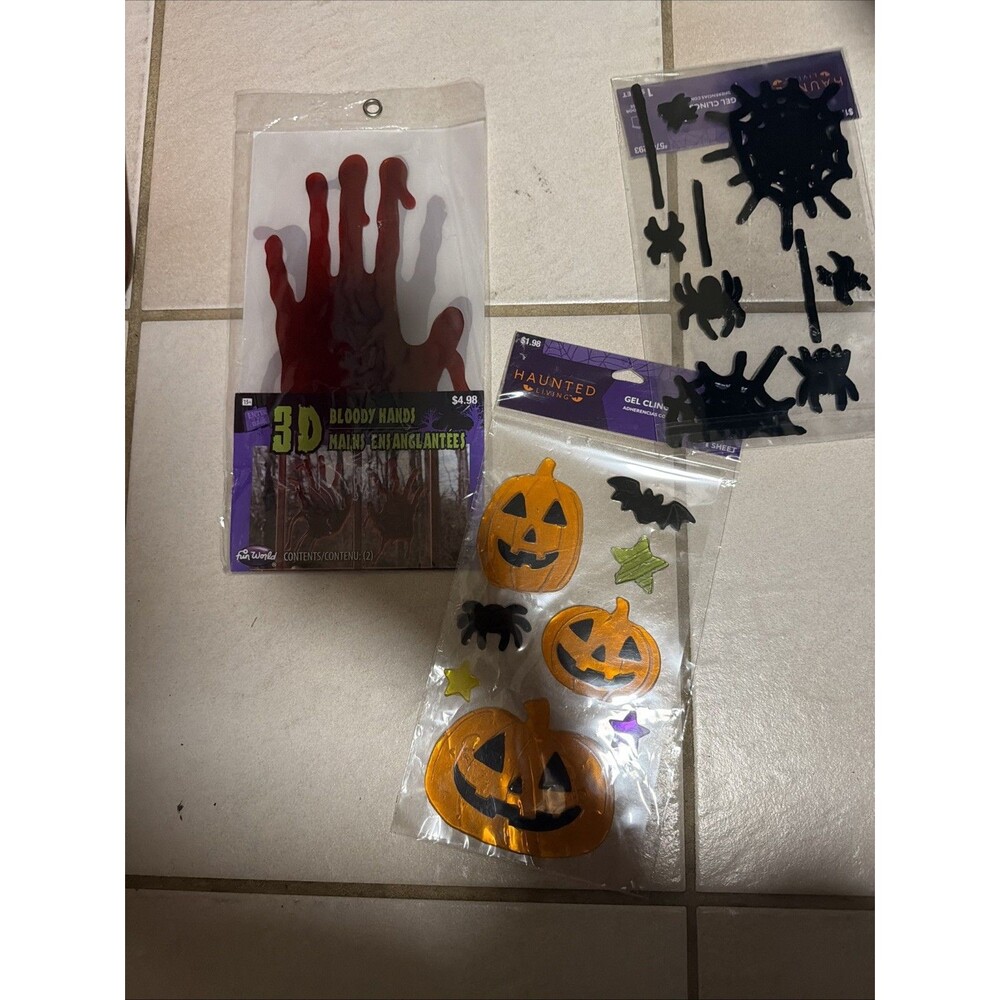 Lot Of 3 Halloween Window Gel Clings, 3d Bloody Hands , Spiders, Pumpkins